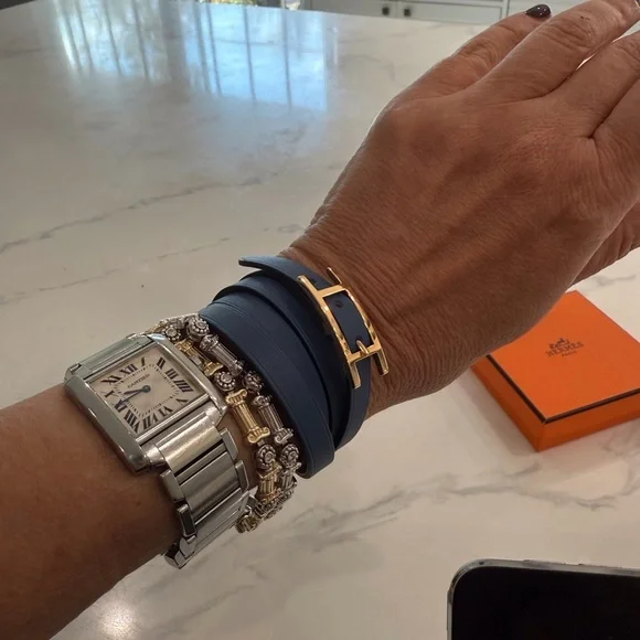 Hermes Behapi Triple Tour Bleu Electrique Leather Bracelet size small - Picture 6 of 7